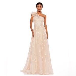 Mac Duggal Feather One Shoulder A Line Peach Evening Gown‎ Dress 20389